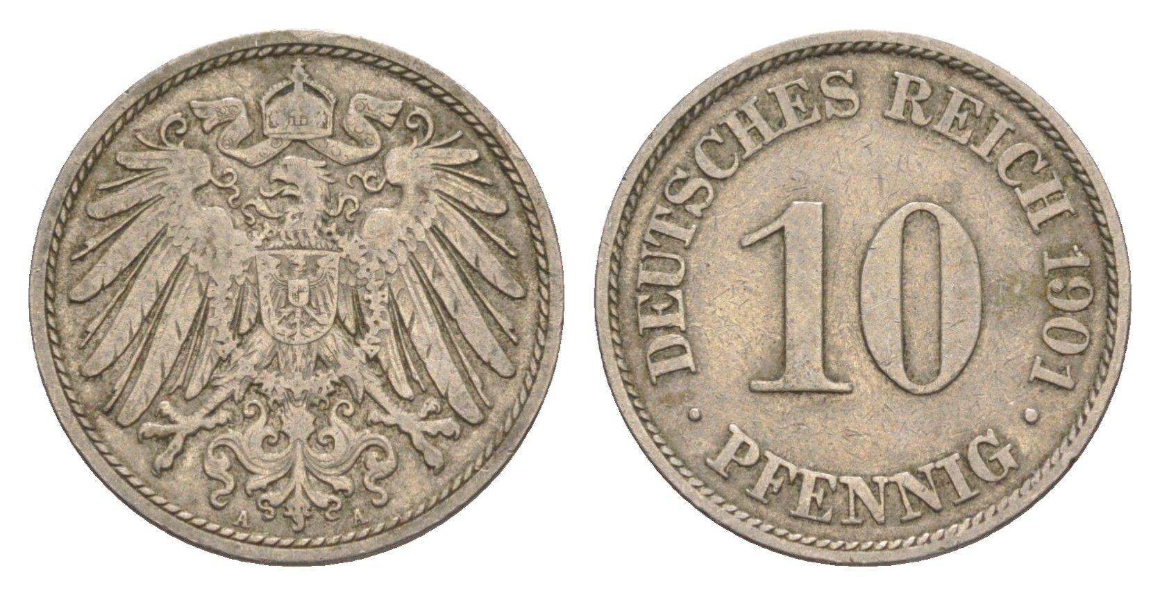 Германия 10 пфеннигов 1901 A, Вильгельм II (1888-1918) KM 12, J. 13 медно-никель 4647-913