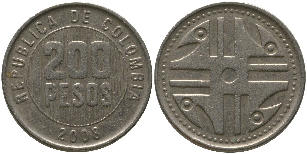 Колумбия 200 песо 2008 KM 287.4, Schon 113, Restrepo 446 никель латунь 4538-355
