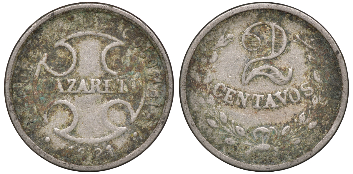 Колумбия 2 сентаво 1921 государственный лепрозорий KM L10 медно-никель 53-1021
