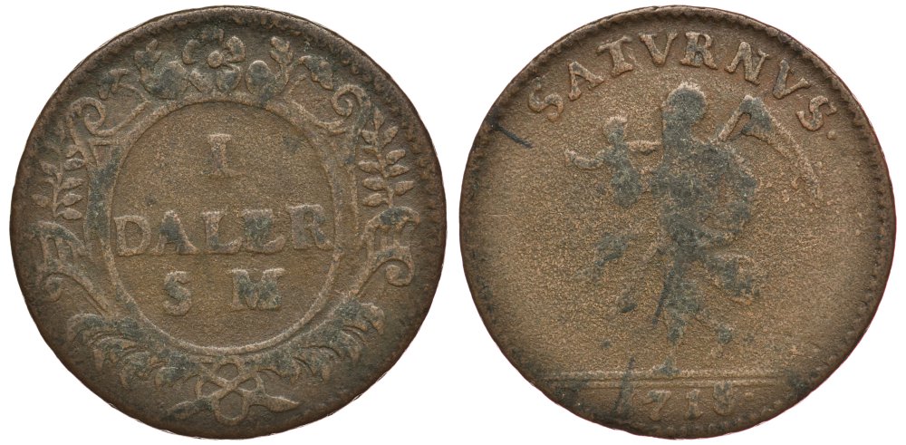 Швеция 1 далер 1718 S.M., Карл XII (1697-1718), чрезвычайный выпуск, Сатурн, отец времени KM 358 медь 3896-734