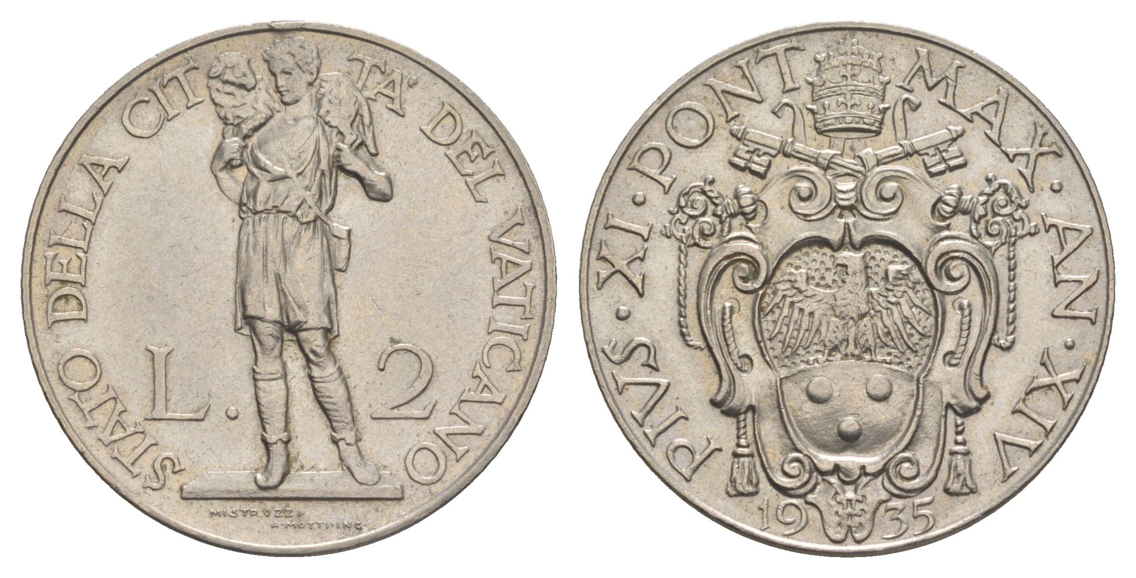 Ватикан 2 лиры 1935 Пий XI (1922-1939) KM 6 никель aUNC 4652-725
