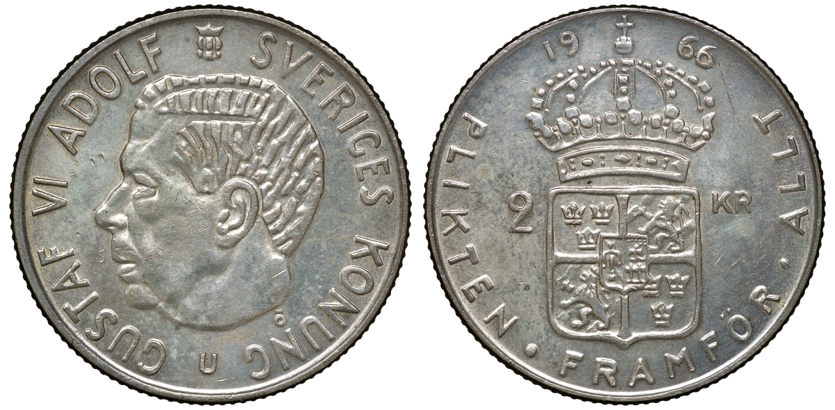 Швеция 2 кроны 1966 U, Густав VI Адольф (1950-1973) KM 827 серебро 4179-1343