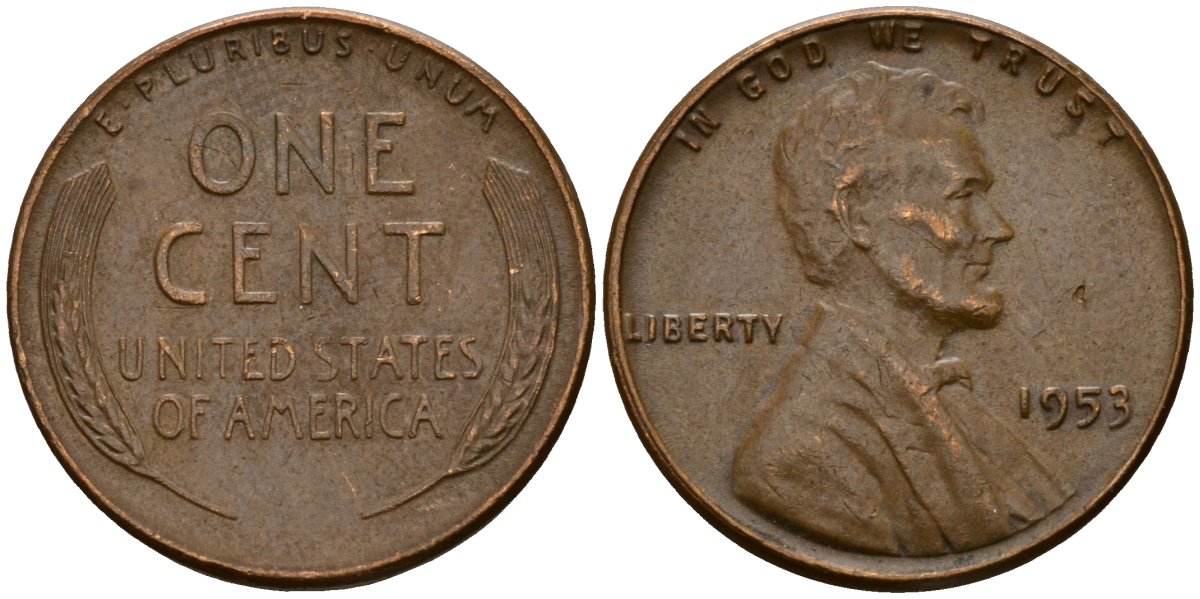 США 1 цент 1953 Авраам Линкольн KM A132 латунь 4121-842