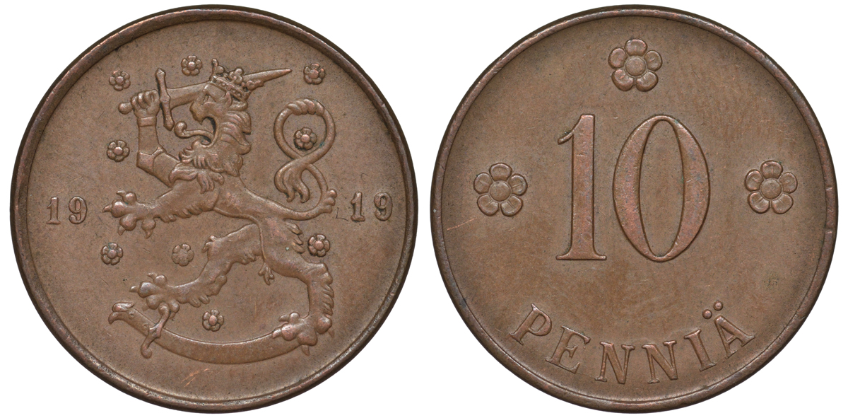 Финляндия 10 пенни 1919 KM 24 медь 45-1134