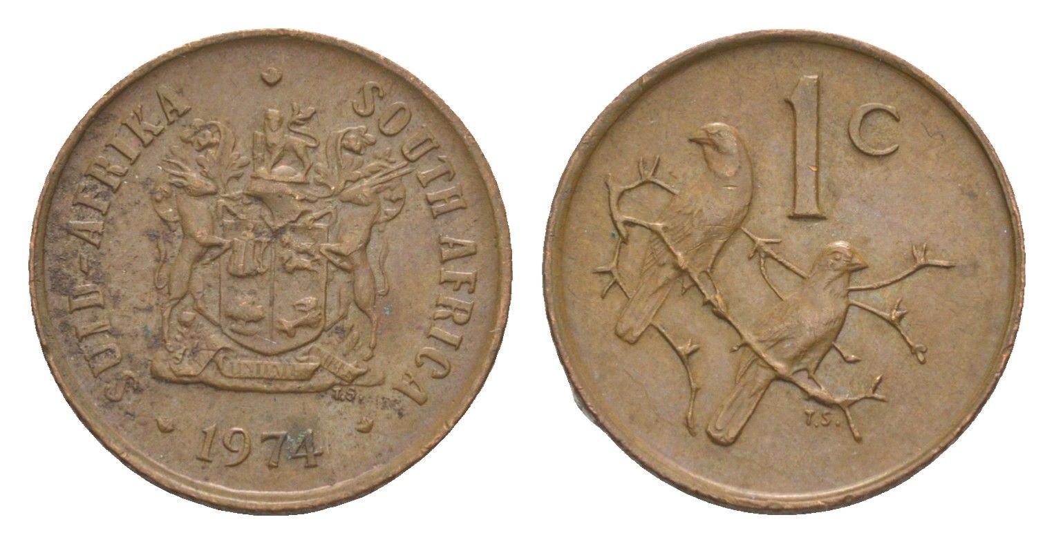 ЮАР 1 цент 1974 герб, капские воробьи KM 82 бронза 4649-548