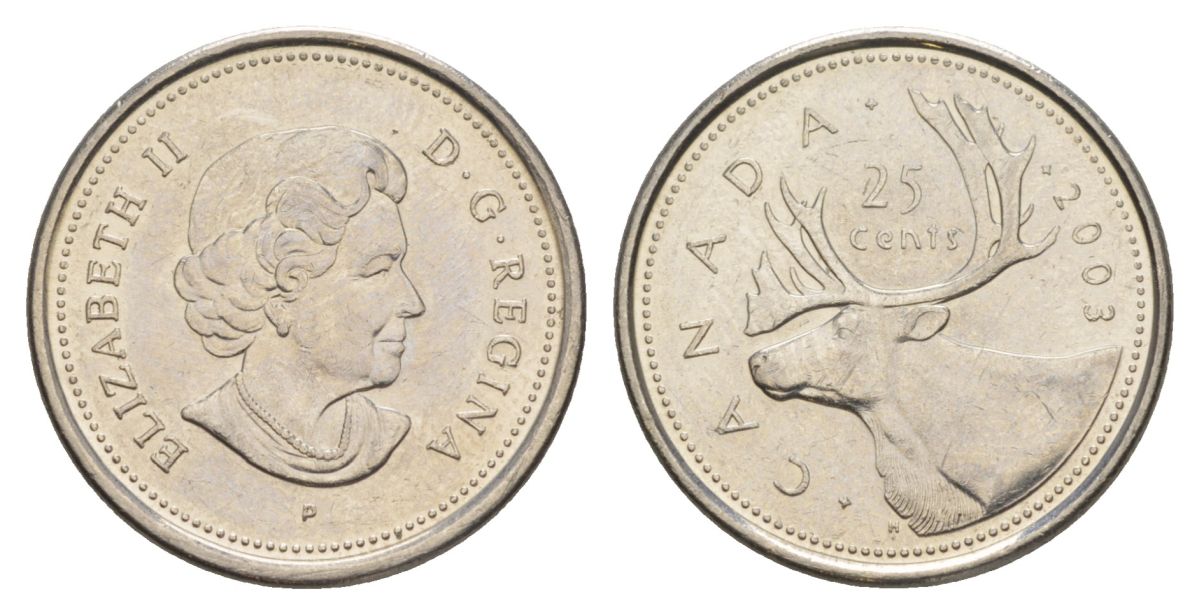 Канада 25 центов 2003 P, Елизавета II (1952-2022), олень KM 493 сталь плакированная никелем aUNC 4631-714