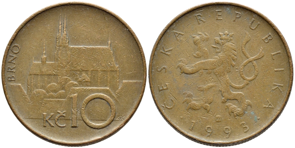 Чехия 10 крон 1993 кафедральный собор, город Брно KM 4 сталь плакированная медью 4397-413