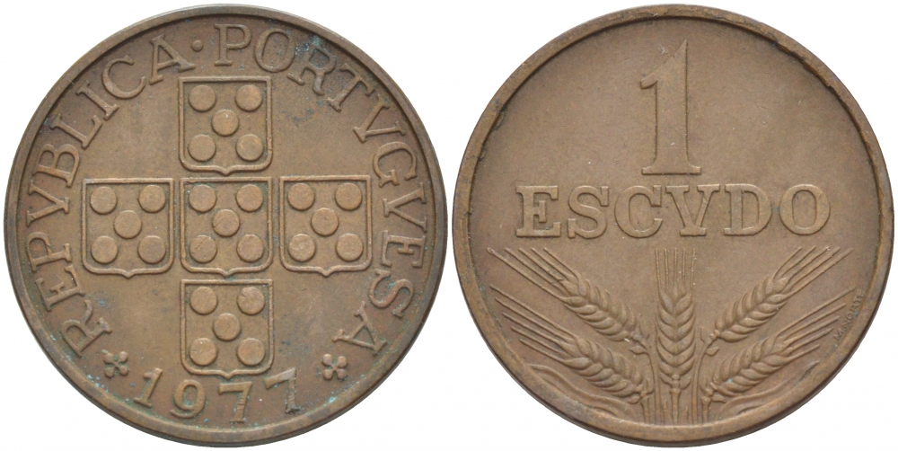 Португалия 1 эскудо 1977 KM 597 бронза 3718-421