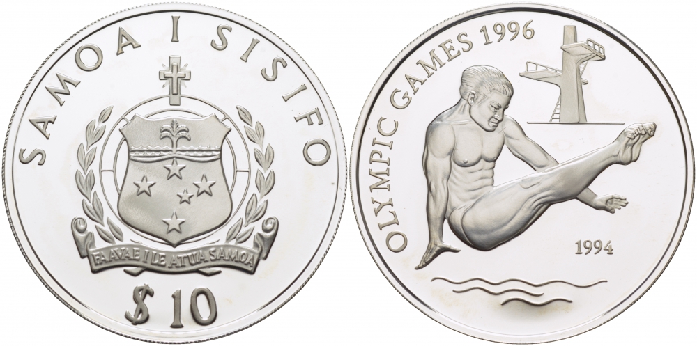 Самоа 10 тала 1994 летние Олимпийские игры 1996 года в Атланте, прыжки в воду KM 91 серебро PROOF 11-102-24