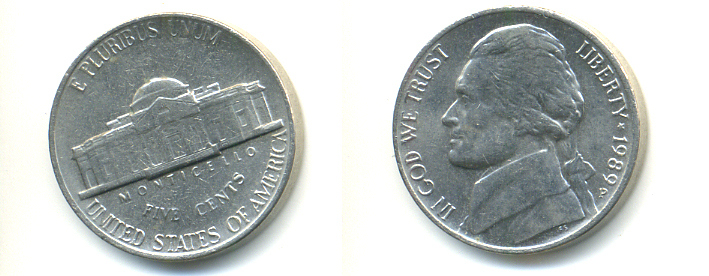 США 5 ЦЕНТОВ 1989 P, ДЖЕФФЕРСОН KM А192 медно-никель 86-622