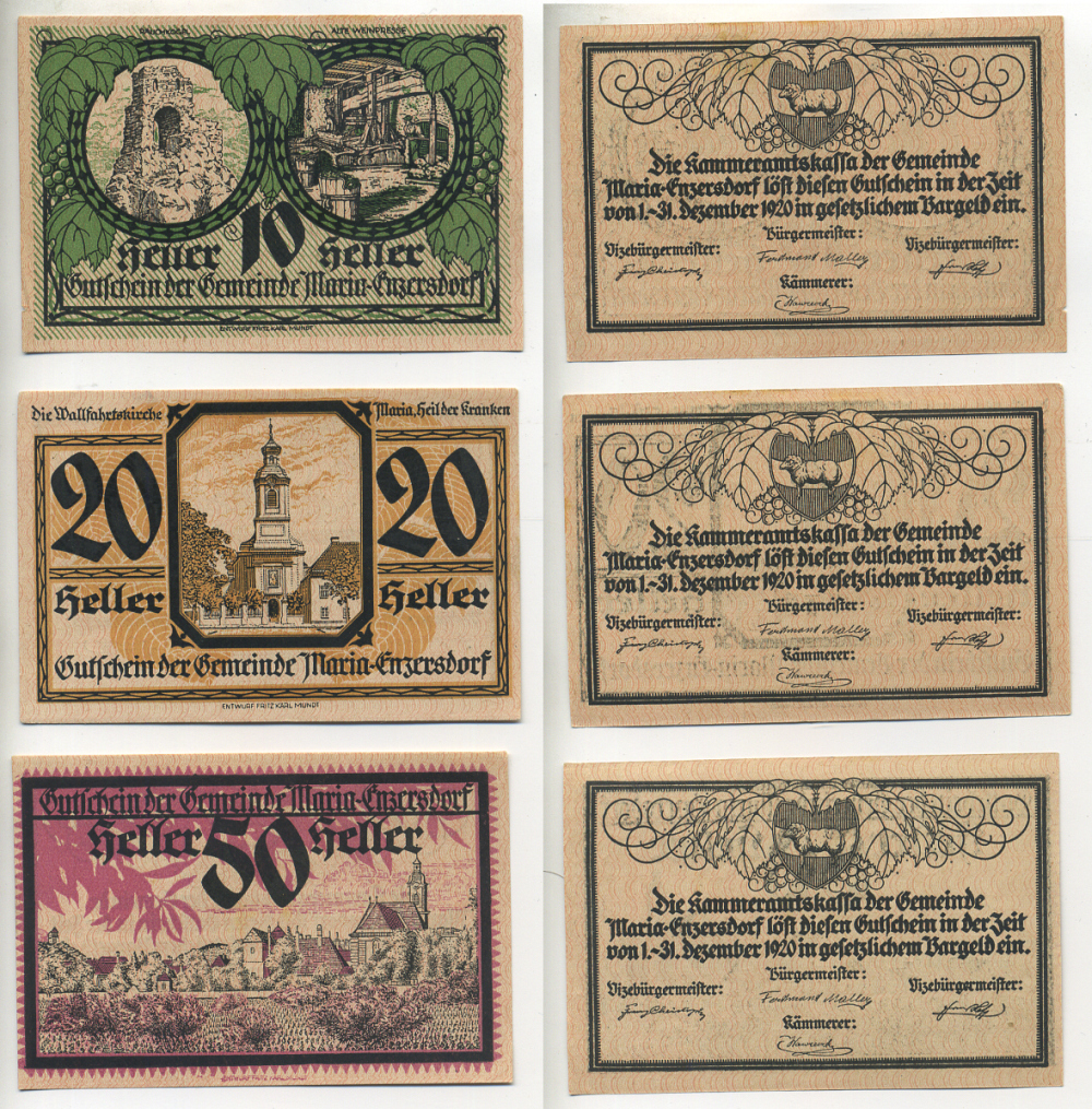 Австрия набор из 3 банкнот 1920 1 декабря 1920-31 декабря 1920, нотгельд, 10, 20, 50 геллеров, MARIA-ENZERSDORF   бумага  aUNC  00-000
