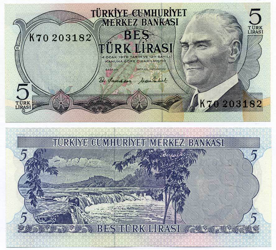 ТУРЦИЯ 5 ЛИР 1976 ПРЕЗИДЕНТ КЕМАЛЬ АТАТЮРК, МАНАВГАТ ВОДОПАД В АНТАЛИИ Pick 185 бумага UNC (ПРЕСС) 7486-5-3-2