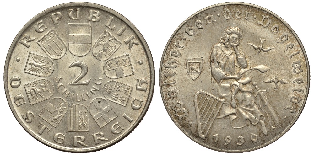 Австрия 2 шиллинга 1930 700 лет со дня смерти Фогельвайде KM 2845 серебро 413-4712
