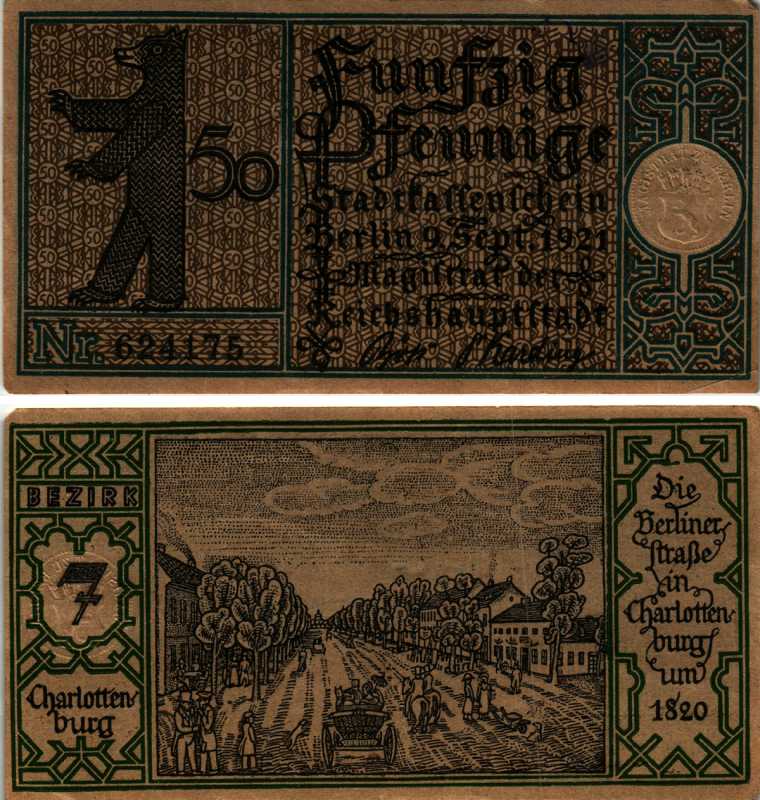 БЕРЛИН, ГЕРМАНИЯ 50 ПФЕННИГОВ 1921 НОТГЕЛЬД, ЗЕМЛЯ ПРУССИЯ, 2 СЕНТЯБРЯ 1921, BEZIRK 7 ARNOLD KELLER 92.1 бумага 7523-33-3-1