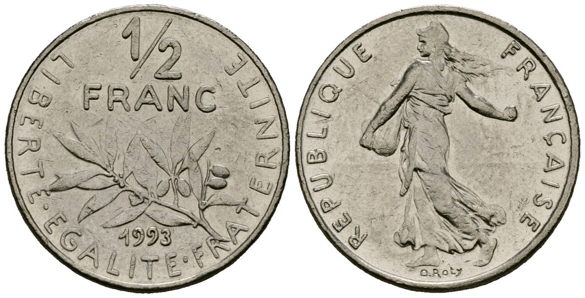 Франция 1/2 франка 1993 сеятель KM 931 никель 4135-736