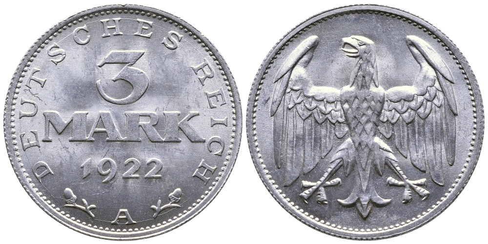ГЕРМАНИЯ 3 МАРКИ 1922 А KM 28, J. 302 алюминий 4380-712