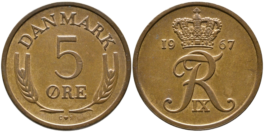 ДАНИЯ 5 ЭРЕ 1967 C; S, ФРЕДЕРИК IX (1947-1972) KM 848.1 бронза 28-1052