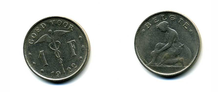 БЕЛЬГИЯ 1 ФРАНК 1922 BELGIE KM 90 никель 58-1235
