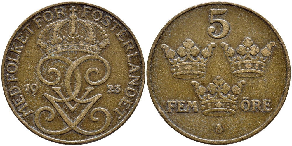 Швеция 5 эре 1923 Густав V (1907-1950) KM 779.2 бронза 4394-911