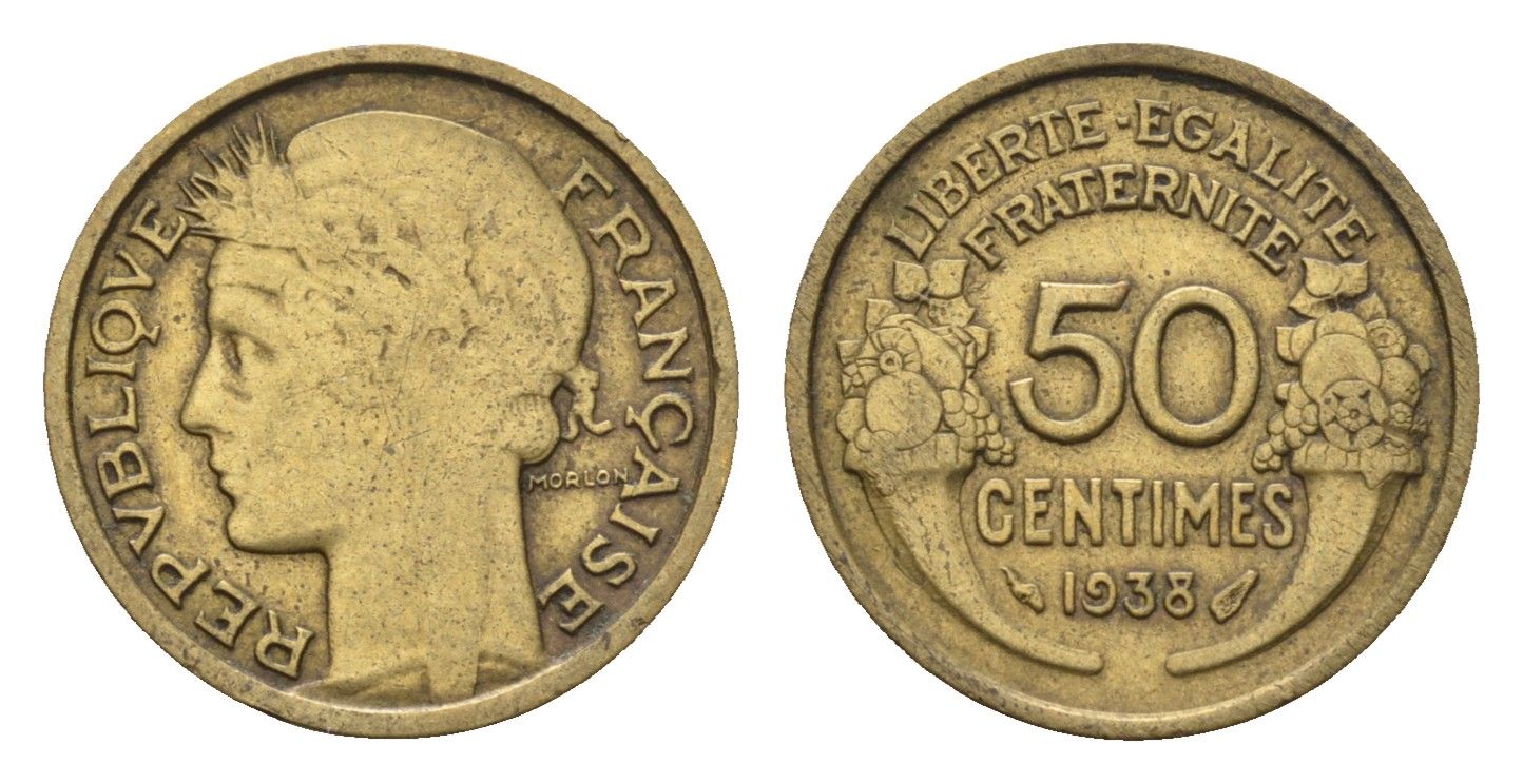 Франция 50 сантимов 1938 KM 894 алюминиевая бронза 4684-135