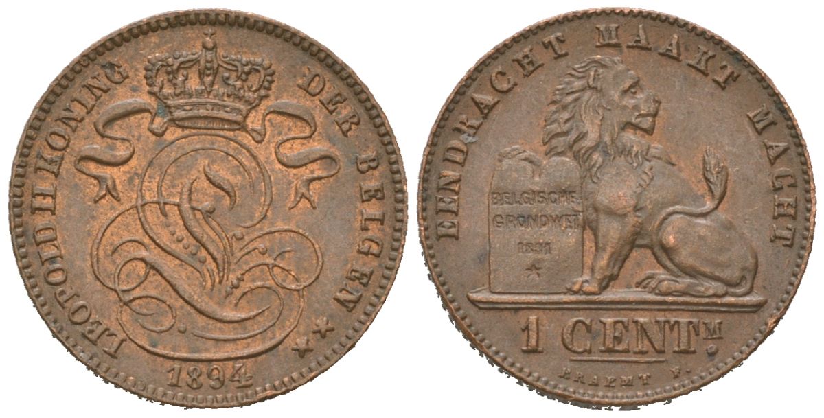 Бельгия 1 сантим 1894 Belgen, Леопольд II (1865-1909) KM 34.1 медь aUNC 4621-637