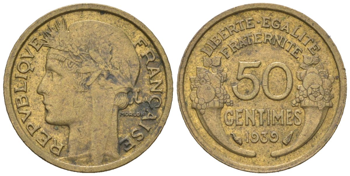 Франция 50 сантимов 1939 тип Morlon KM 894.1, Le Franc 192.15 алюминиевая бронза 261-524
