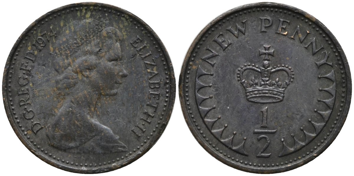 Великобритания 1/2 пенни 1974 Елизавета II (1952-2022) KM 914, Spink 4239 бронза 4181-426