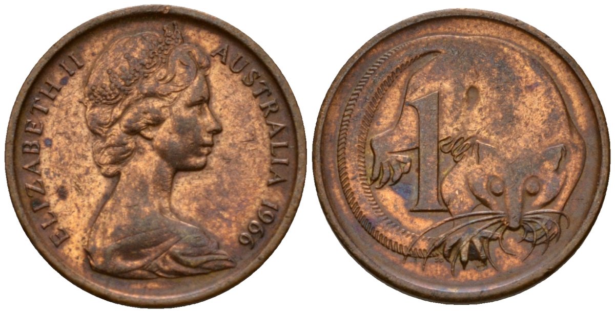 Австралия 1 цент 1966 Елизавета II (1953-), молодой портрет, опоссум KM 62 бронза 4602-211