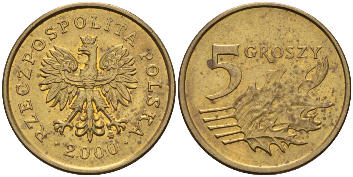 Польша 5 грошей 2000 MW KM 278, Parchimowicz 703g латунь 4580-554