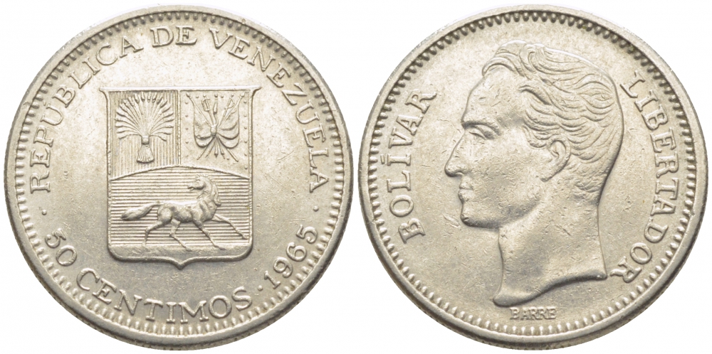 Венесуэла 50 сентимо 1965 Симон Боливар KM 41, Schon 51 никель 112-331