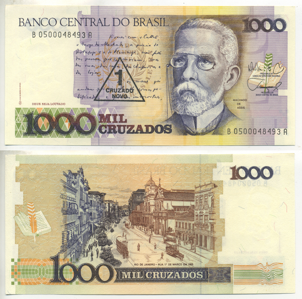 БРАЗИЛИЯ 1 КРУЗАДО 1989 СЕРИЯ В 0500, НАДПЕЧАТКА НА 1000 КРУЗАДО, МАЧАДО ДЕ АССИС Pick 216b бумага aUNC (ПРЕСС) 7217-20-3