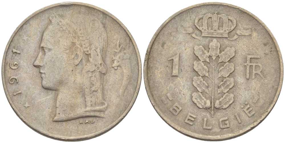 БЕЛЬГИЯ 1 ФРАНК 1961 BELGIE, БОДУЭН I (1951-1993) KM 143.1 медно-никель 202-1016
