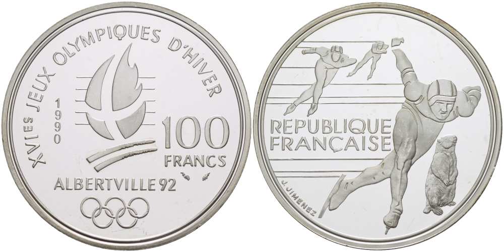 Франция 100 франков 1990 XVI Зимние Олимпийские игры 1992 в Альбервиле, конькобежный спорт KM 980 серебро PROOF 1074-9-44