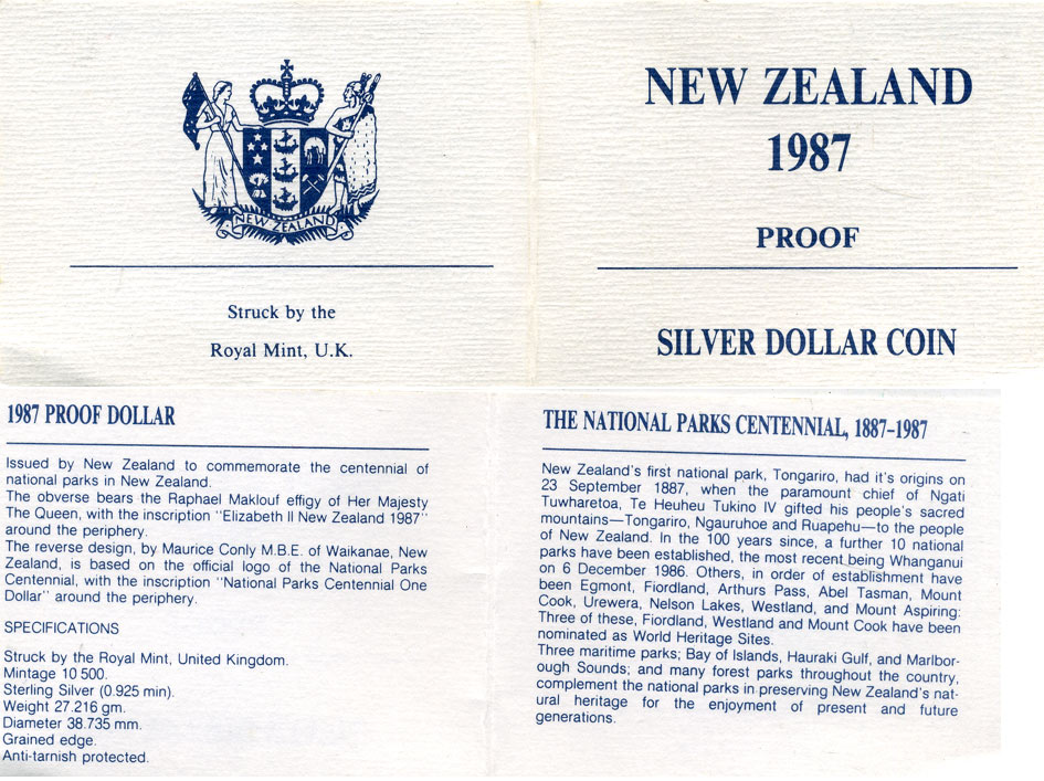 Новая Зеландия 1 доллар 1987 100 лет Национальному парку, Елизавета II (1952-2022), в оригинальной коробке KM 65а серебро PROOF 4-3-4-40