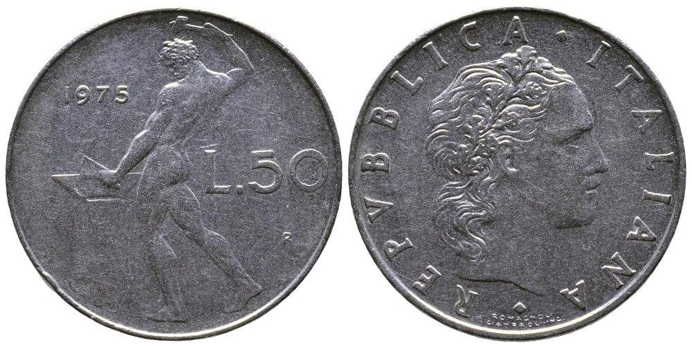 ИТАЛИЯ 50 ЛИР 1975 R, БОГ ОГНЯ ВУЛКАН У НАКОВАЛЬНИ KM 95.1 нержавеющая сталь 91-544