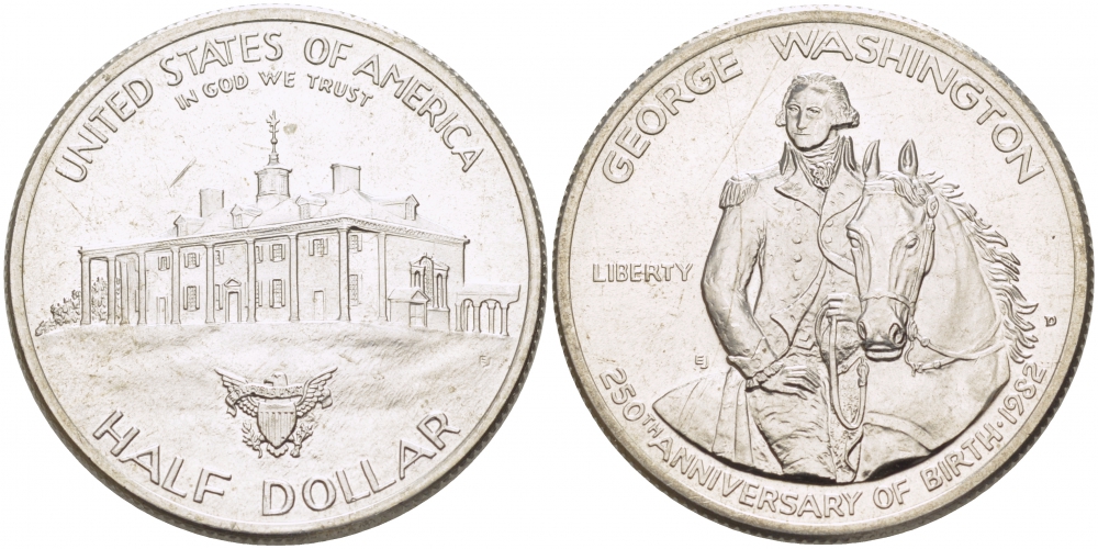 США 1/2 доллара (50 центов) 1982 D, 250 лет со дня рождения Джорджа Вашингтона KM 208 серебро UNC 1082-3-42