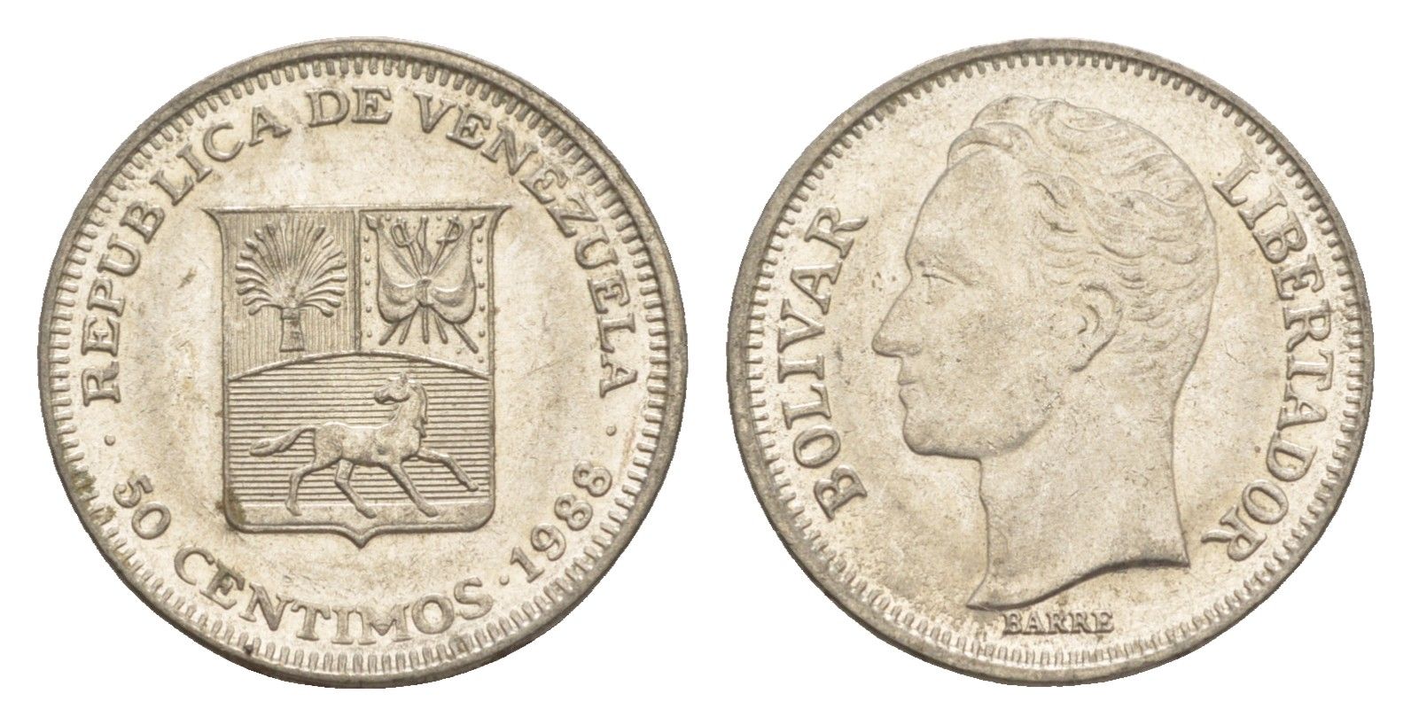 Венесуэла 50 сентимо 1988 Симон Боливар Y 41a сталь плакированная никелем 4582-1044