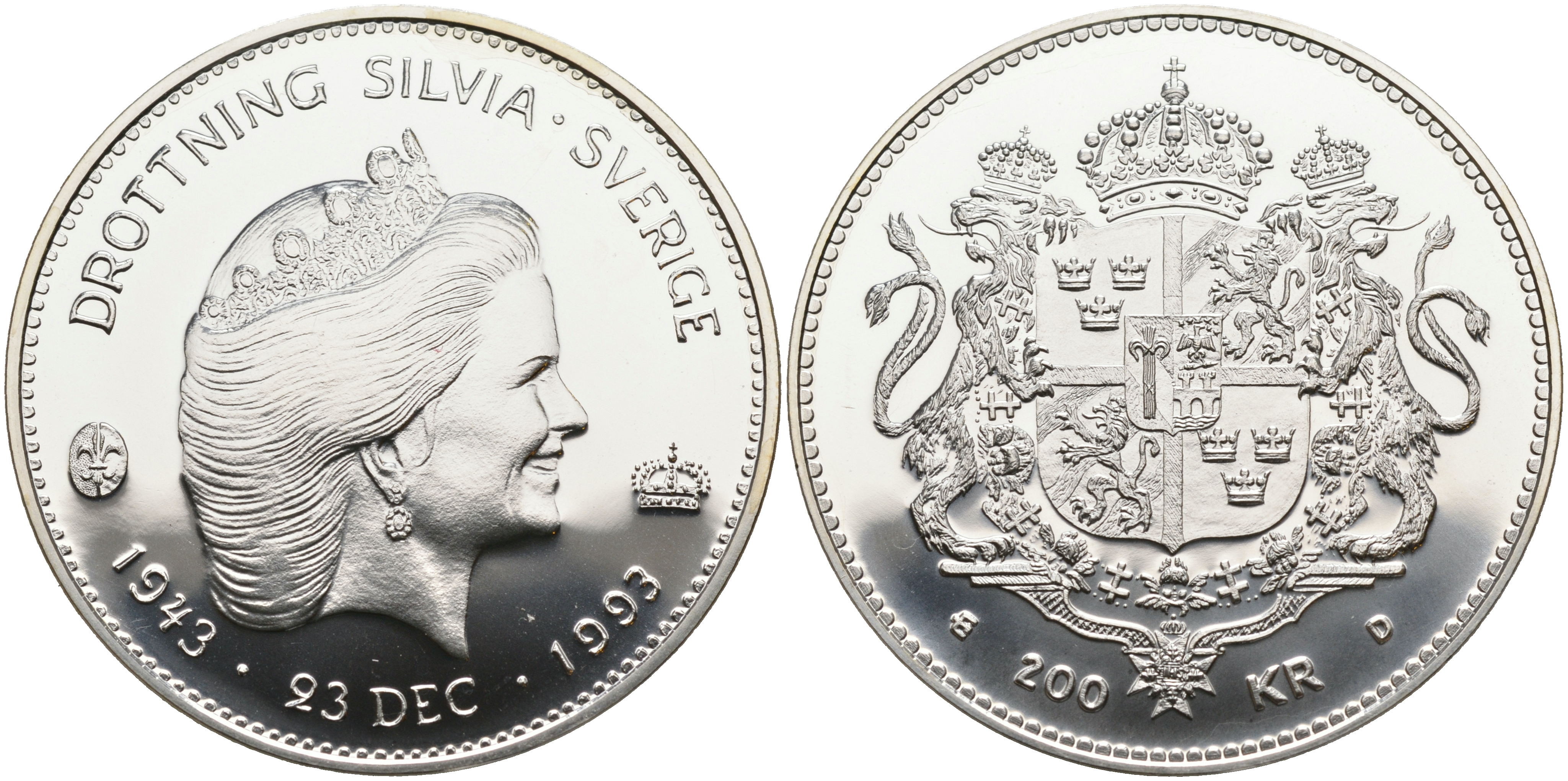 Швеция 200 крон 1993 Карл XVI Густав (1973- ), 50 лет со дня рождения королевы Сильвии KM 882 серебро UNC 00-00-00