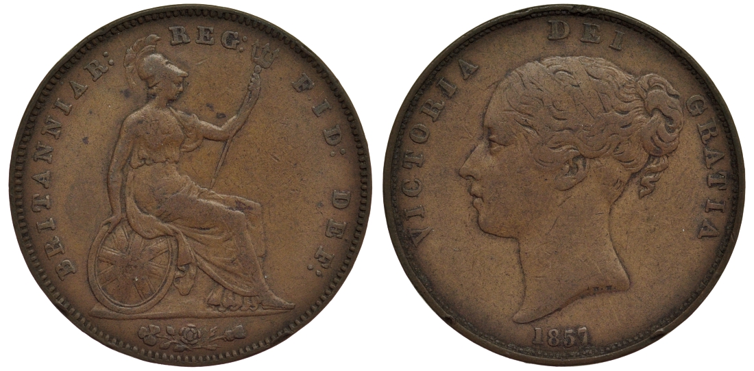 Великобритания 1 пенни 1857 Виктория (1837-1901) KM 739, Spink 3948 медь 1523-1332