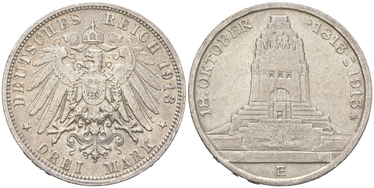 Саксония 3 марки 1913 E, 100 лет Битве народов, Фридрих Август III (1904-1918) KM 1275 серебро 1530-1213