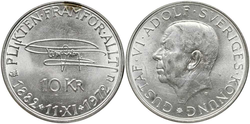 Швеция 10 крон 1972 U, 90 лет со дня рождения Густава VI Адольфа KM 847 серебро 180-635