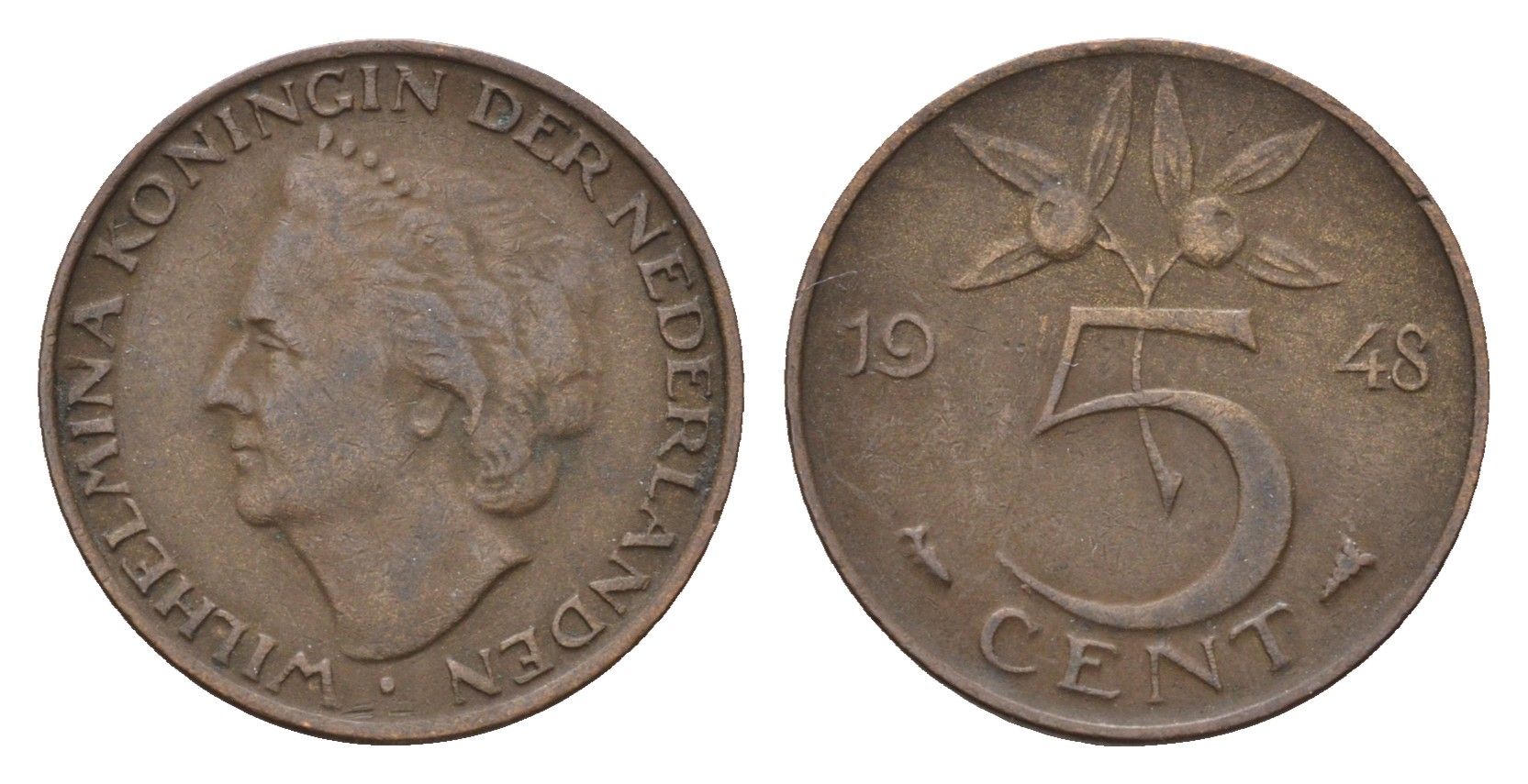 Нидерланды 5 центов 1948 Вильгельмина I (1890-1948) KM 176 бронза 4685-112
