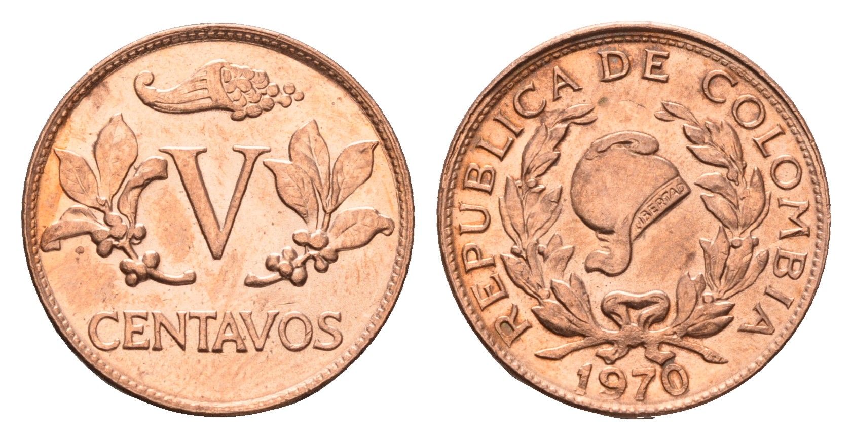 Колумбия 5 сентаво 1970 KM 206a сталь плакированная медью UNC 4643-651