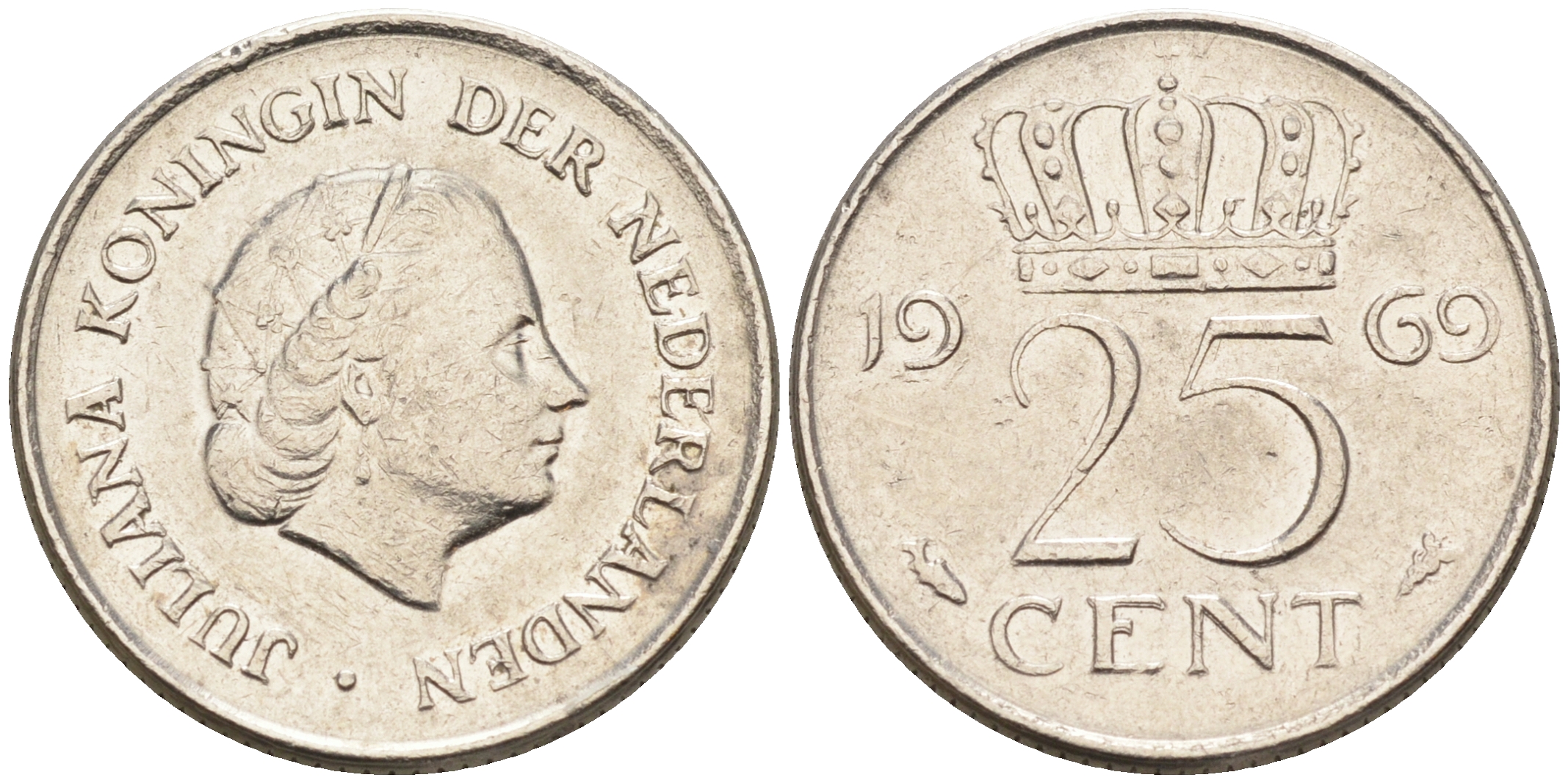 Нидерланды 25 центов 1969 Юлиана (1949-1980) KM 183 никель    4174-655