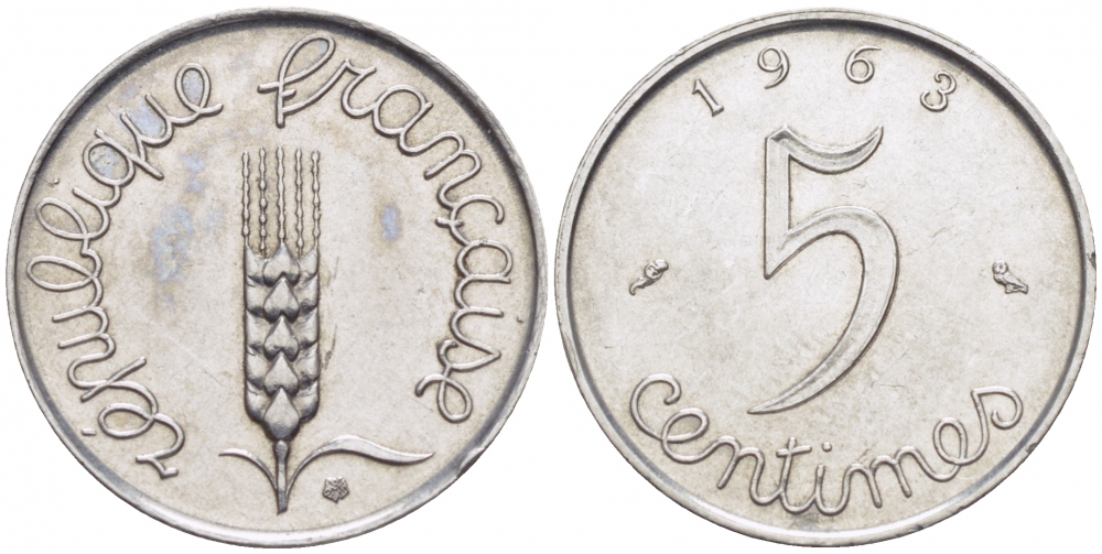 ФРАНЦИЯ 5 САНТИМОВ 1963 KM 927 хромированная сталь 112-566