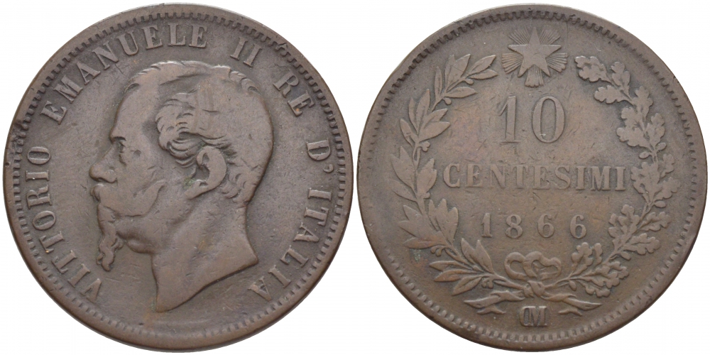 ИТАЛИЯ 10 ЧЕНТЕЗИМО 1866 ОM, ВИКТОР ЭММАНУИЛ II (1861-1878) KM 11.5 медь 114-615