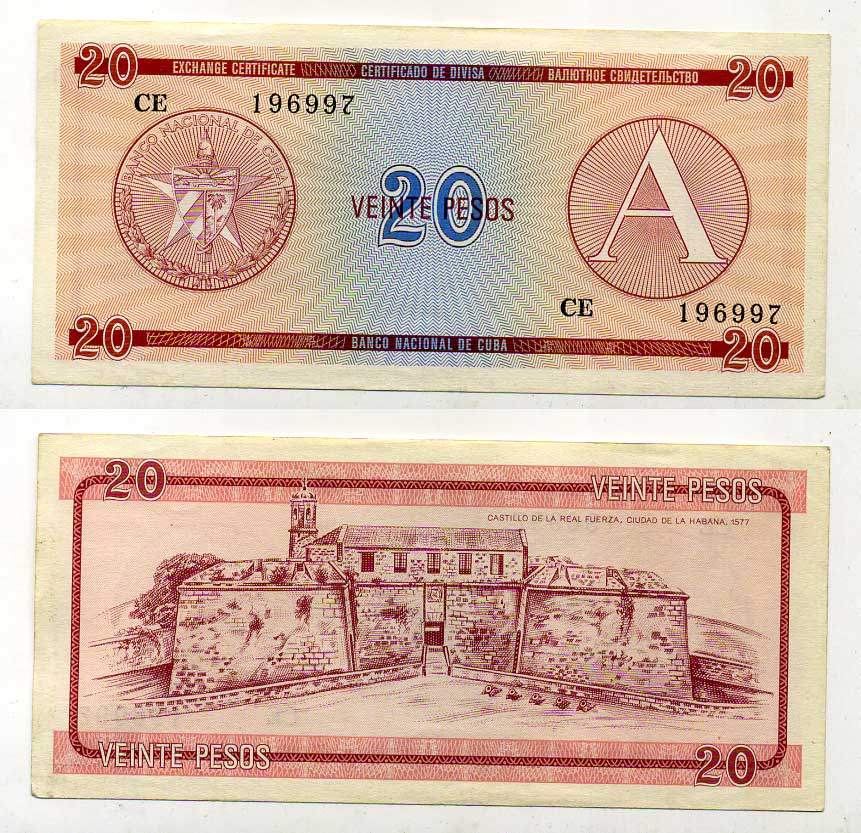 Куба, валютный сертификат 20 песо ND (1985) серия A, красная Pick FX 5 бумага aUNC 444-75-3-2