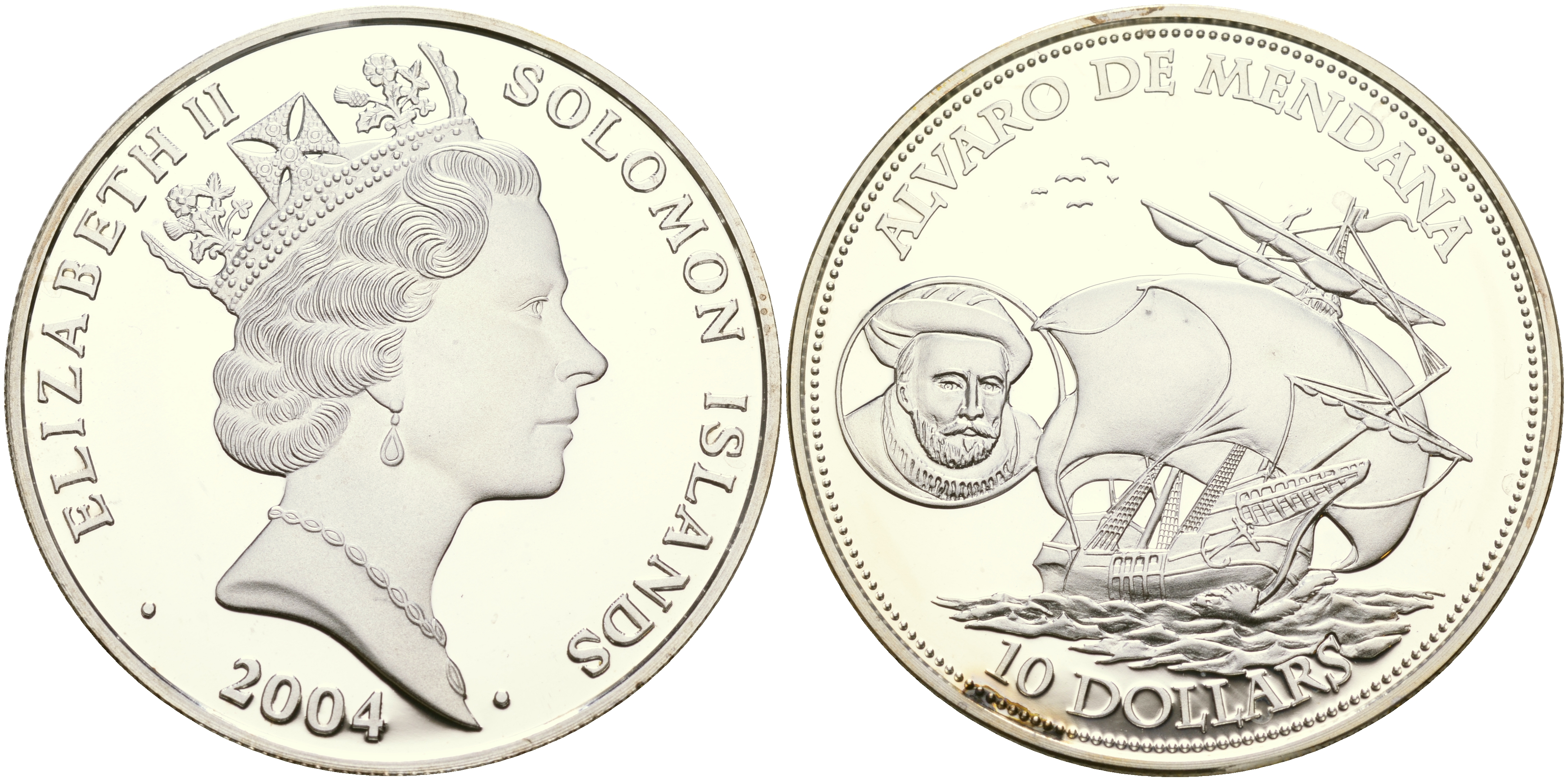 Соломоновы острова 10 долларов 2004 Альваро Менданья де Нейр, первооткрыватель Соломоновых островов KM 86 серебро PROOF 1066-4-14