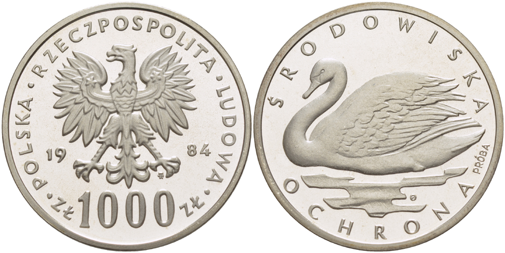 Польша 1000 злотых 1984 MW, серия охрана окружающей среды, лебедь, PROBA, тираж 5700 экземпляров KM Pr 509, Parchimowicz P.479a серебро PROOF 1085-2-15