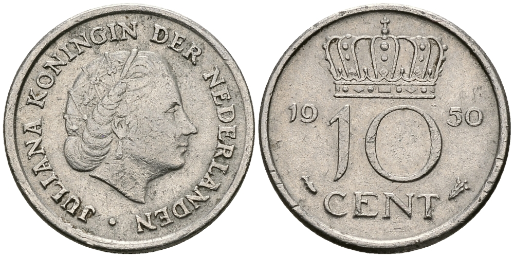 НИДЕРЛАНДЫ 10 ЦЕНТОВ 1950 ЮЛИАНА KM 182 никель 96-452